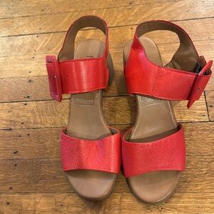 Brand new never worn, red, leather, buckle closure, sandals!